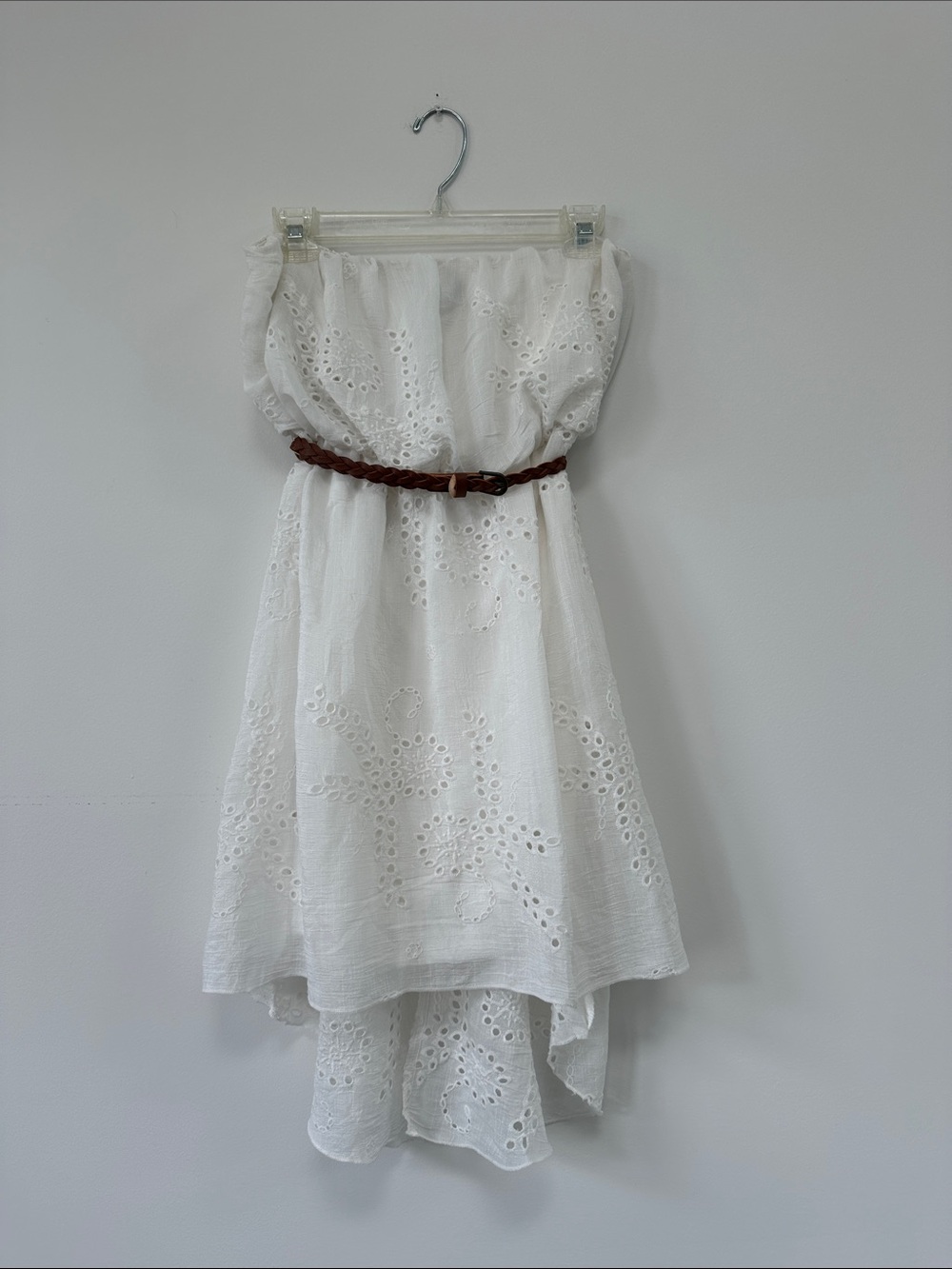 White Eyelet Strapless Summer Dress with Brown Belt